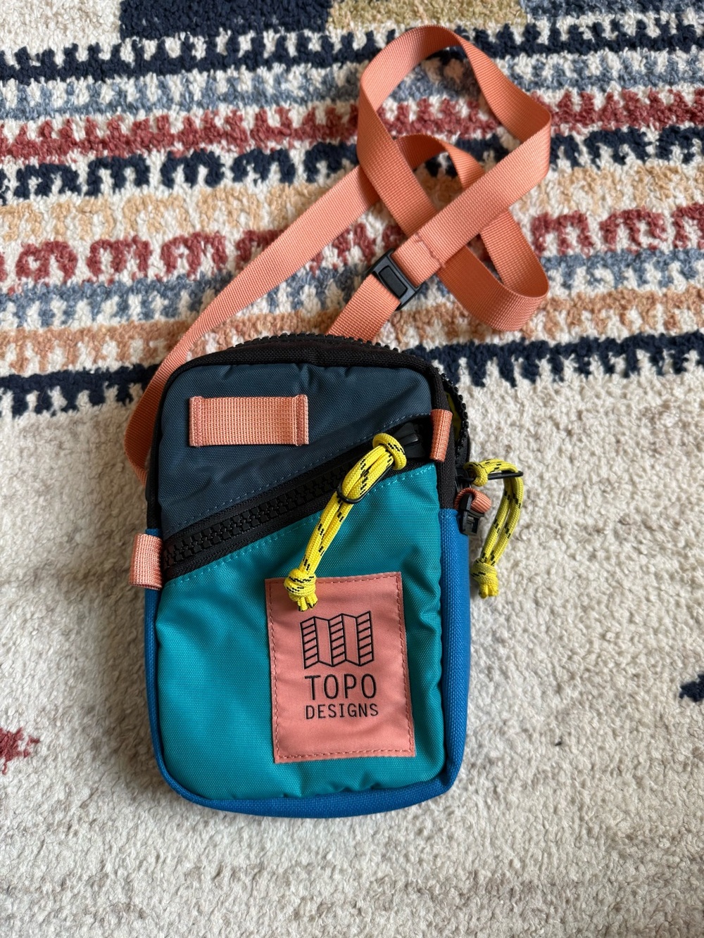Topo Designs Teal Crossbody Belt Bag with Coral Strap and Yellow Pulls